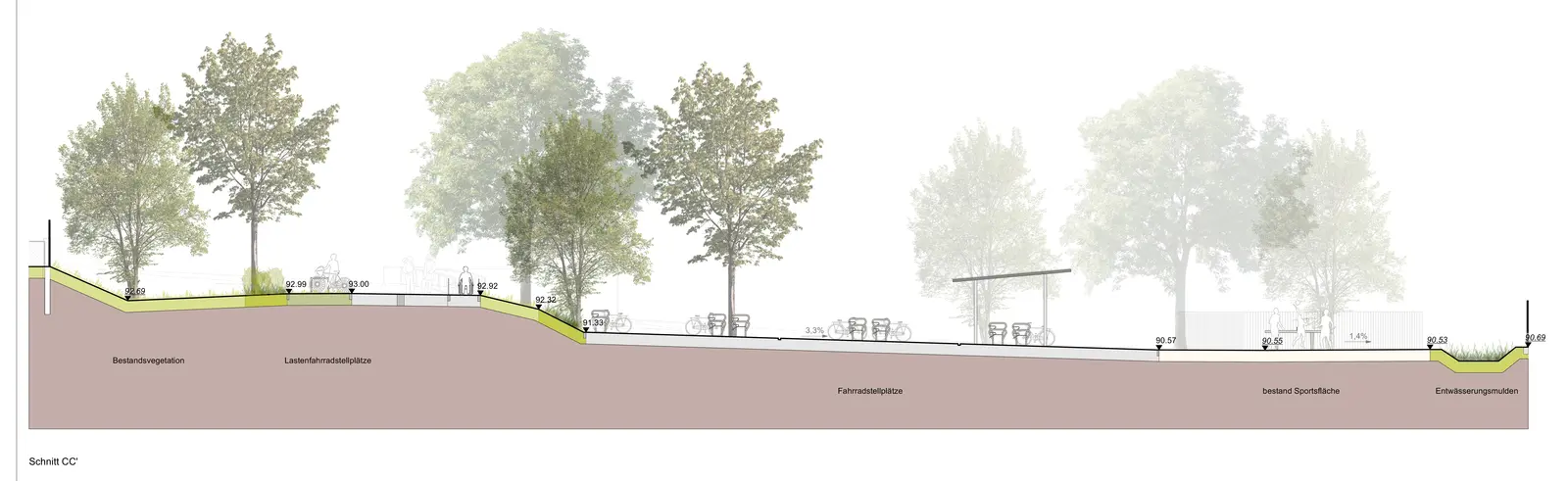 Section of a gently terraced entrance area with bicycle stands, a canopy, trees and drainage swales.