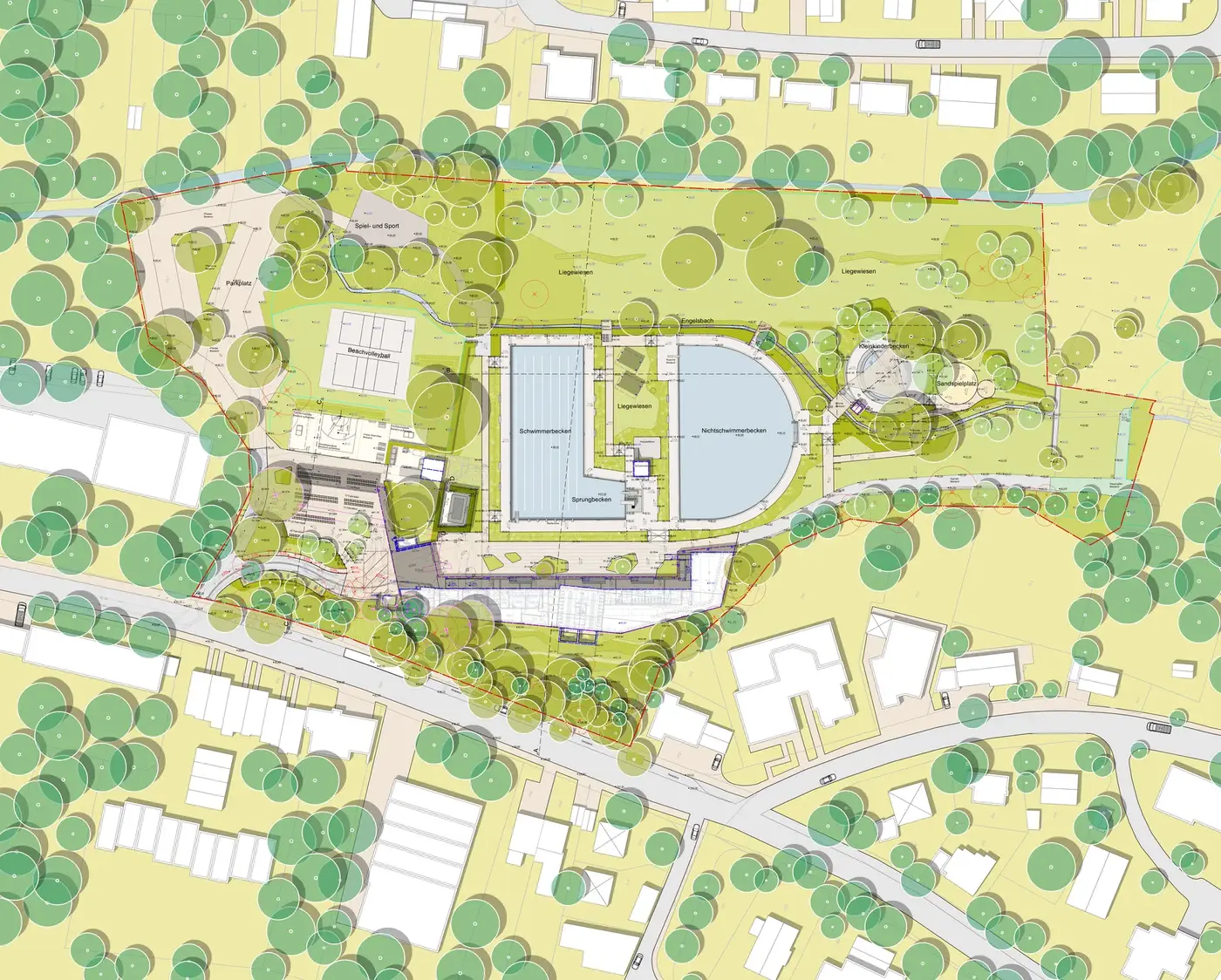 Site plan of the Melbbad grounds: swimmer, non-swimmer and diving pools between terraced lawns, the Engelsbach stream and the surrounding wooded neighbourhood.