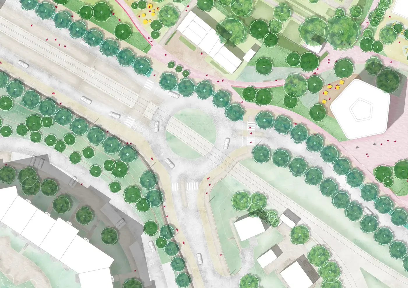 Detail plan of a roundabout with pedestrian crossings, rows of trees and a pentagonal pavilion on a paved square.