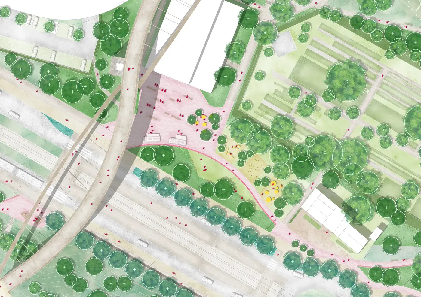 Detail plan of a paved square at a tram stop, with the bridge ramp, lawns, play areas and rows of street trees.