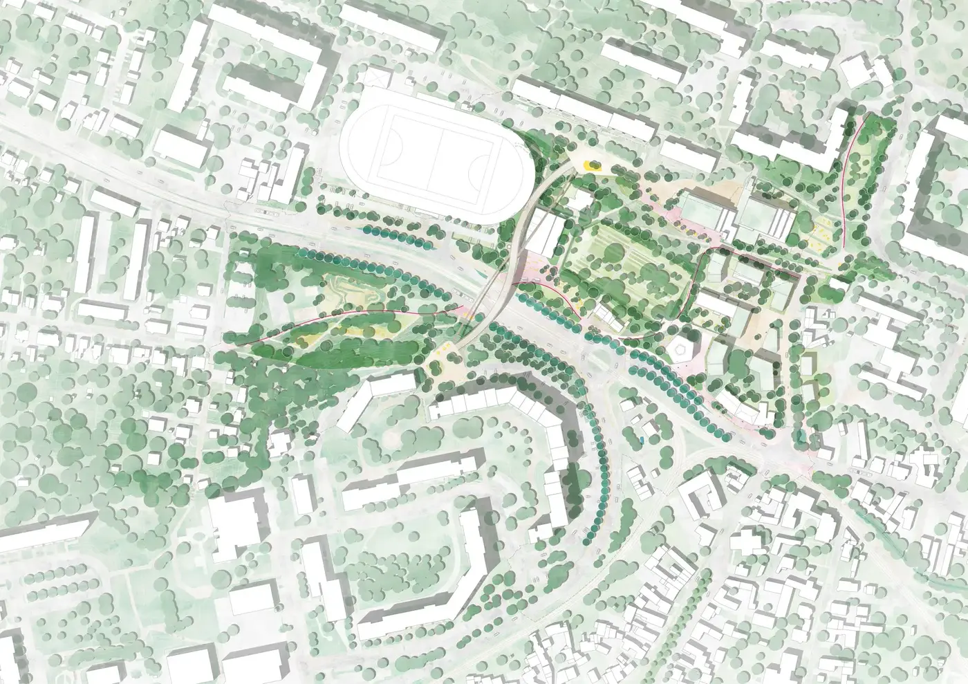 Site plan of southeast Erfurt showing a green corridor and a curving bridge linking three neighbourhoods across roads and tram tracks.