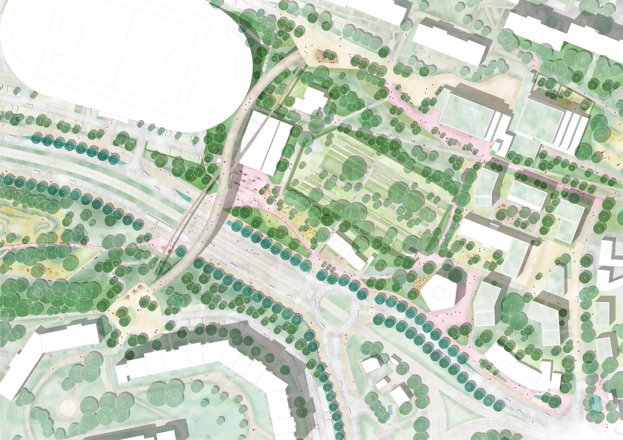 Masterplan detail of the Neue Mitte Südost: a curving bridge crosses roads and tram tracks between a sports field, gardens and residential blocks.