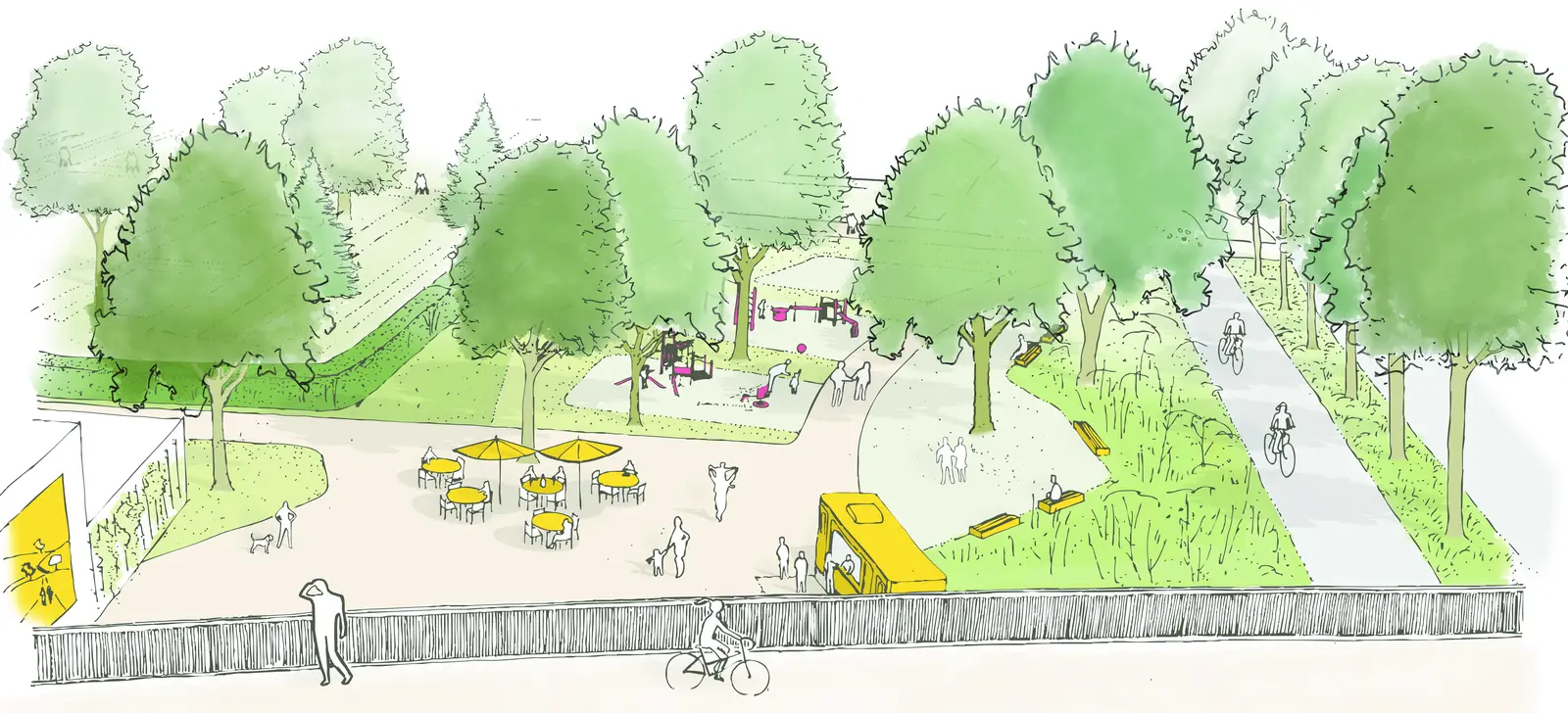Hand sketch of a park scene with a playground, yellow parasols over café tables, benches, tall meadow and cyclists on a path.