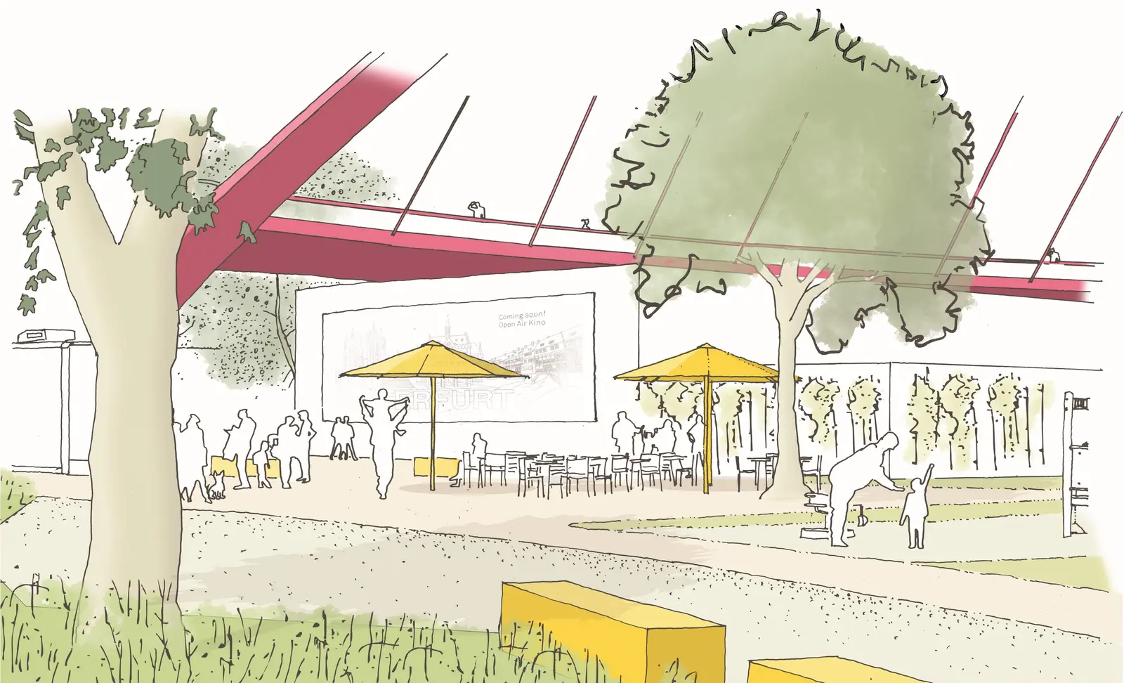 Hand sketch of people at café tables under a red bridge, with a screen announcing an open-air cinema.