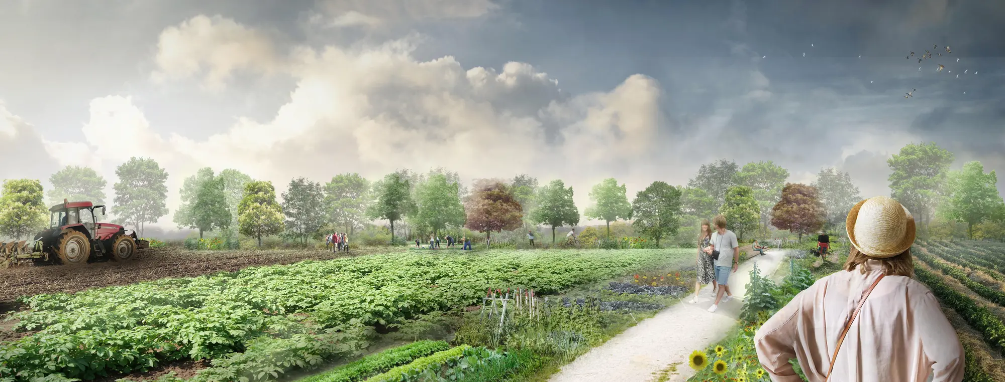 Visualisation du parc agro-urbain : cultures maraîchères le long d'un sentier avec des promeneurs, un tracteur qui laboure et une femme en chapeau de paille regardant les champs.