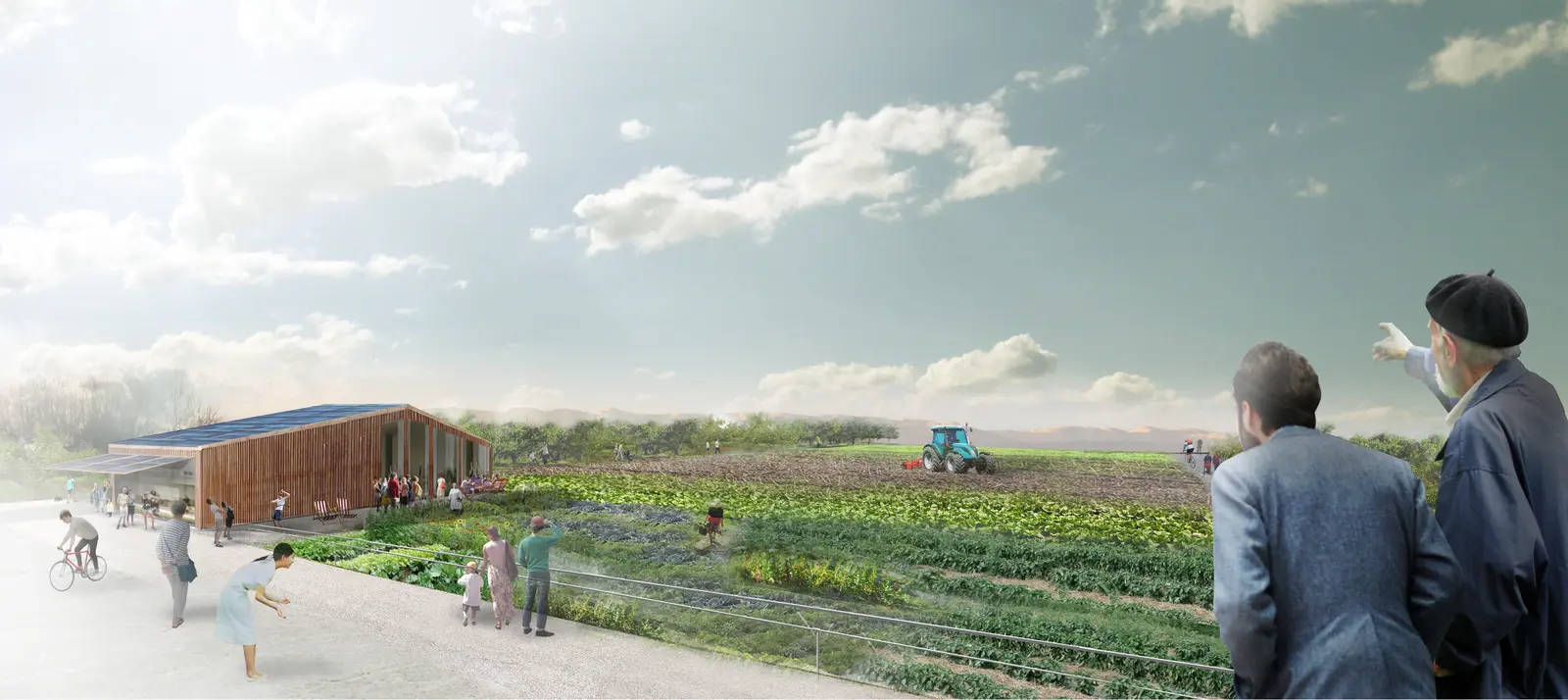 Rendu d'un bâtiment agricole bas en bois au toit photovoltaïque, à côté de cultures maraîchères ; des visiteurs marchent sur un chemin de gravier tandis qu'un tracteur travaille au loin.
