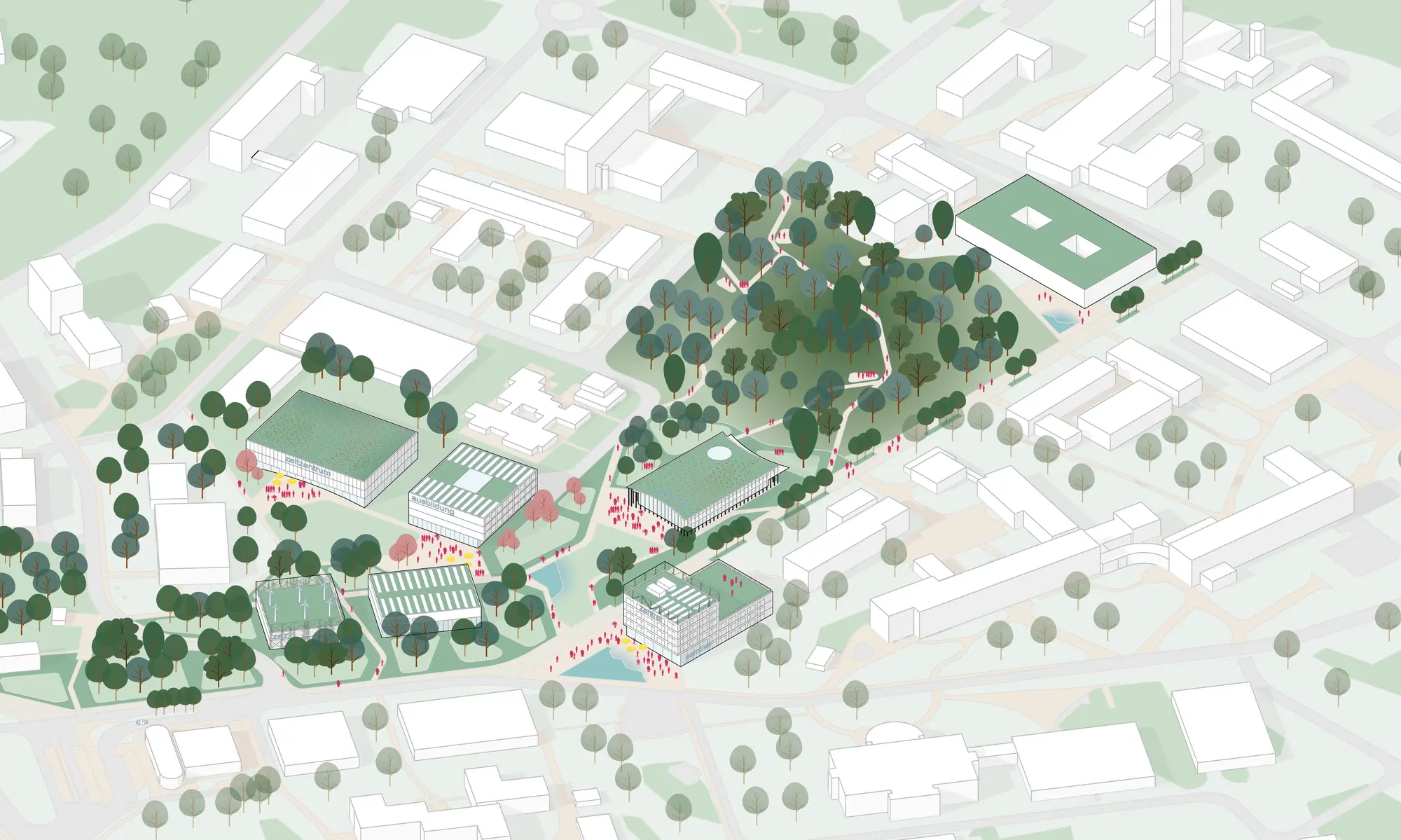 Axonometric view of the campus: research buildings with green roofs along a central promenade, with the preserved woodland at its heart.
