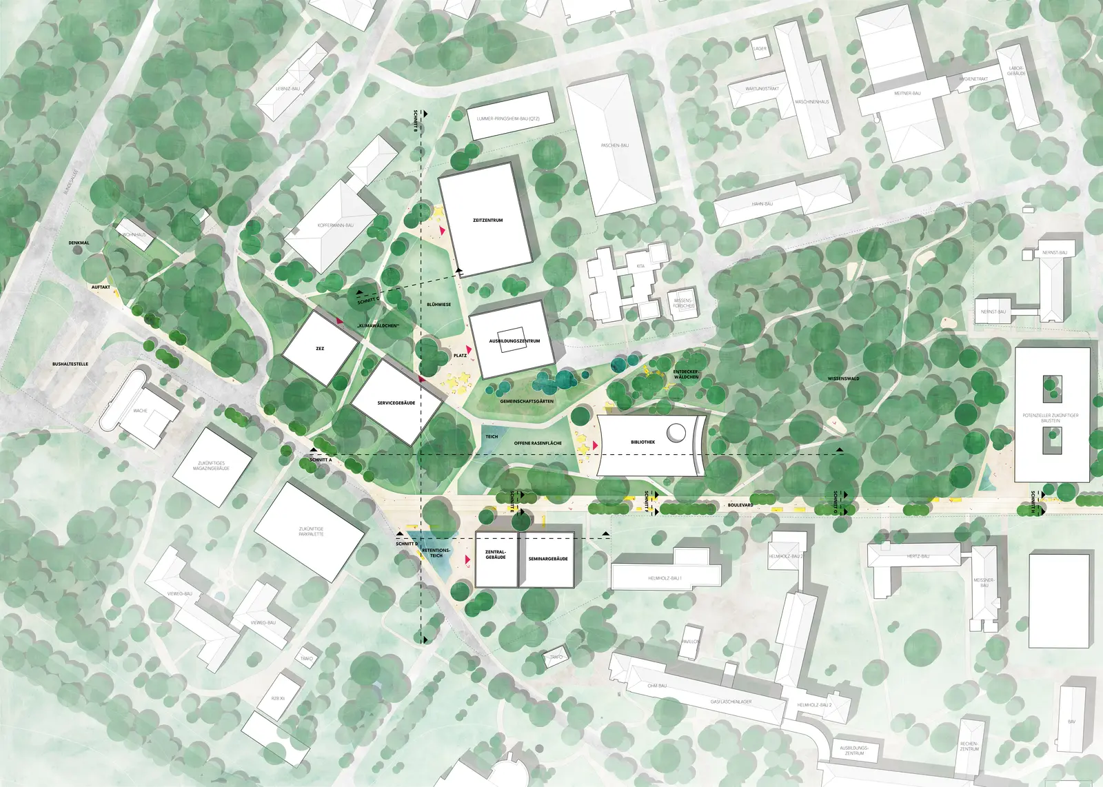 Masterplan of the campus with labelled buildings, a central boulevard and dense tree planting around a preserved woodland.