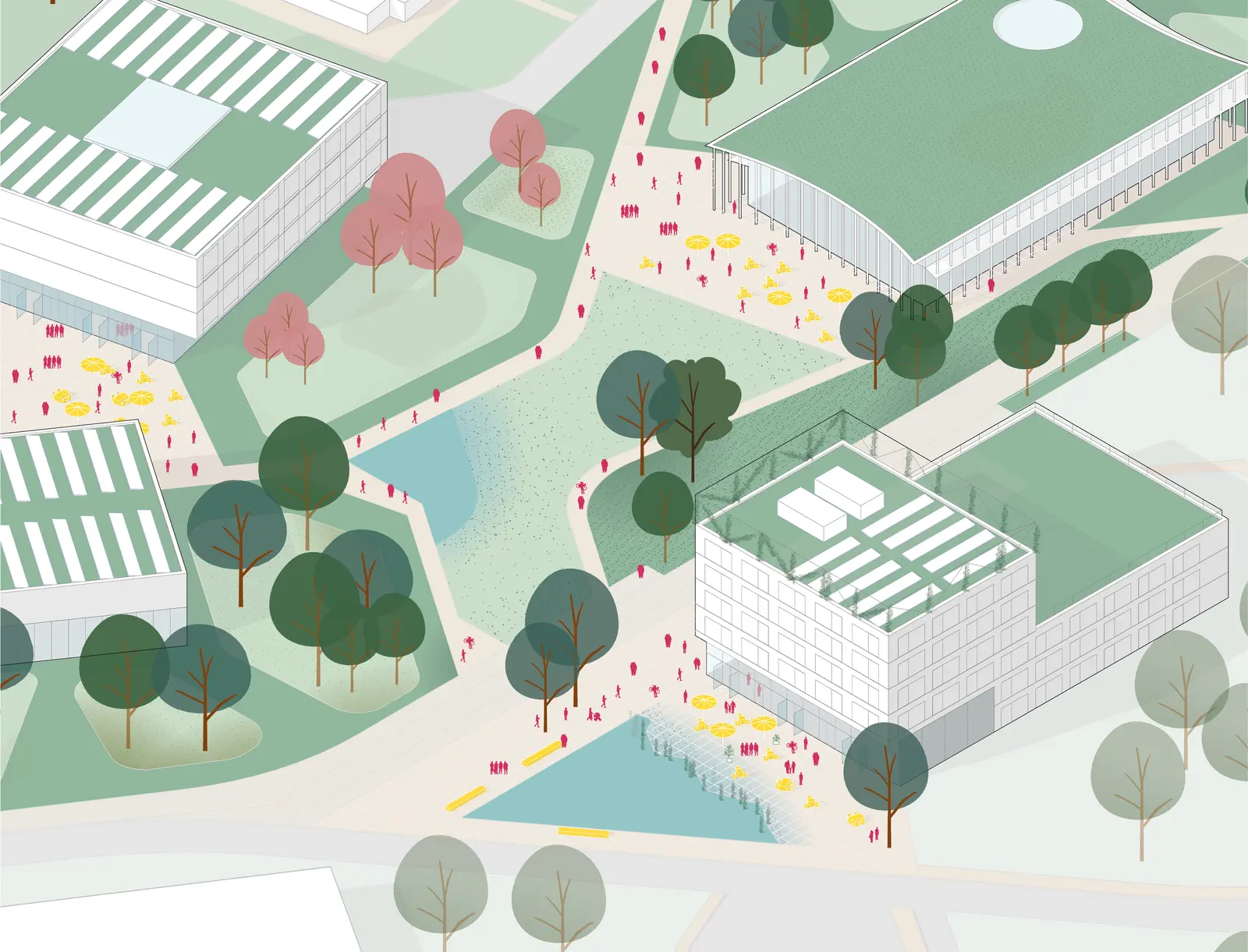 Axonometric detail with a curved-roof library pavilion, green-roofed research buildings, retention ponds and people on plazas.