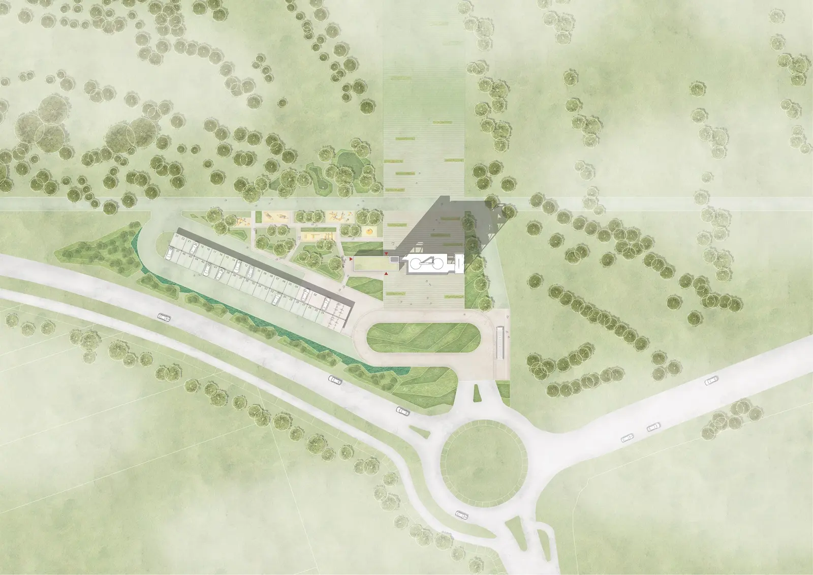 Masterplan drawing showing the tower with a terraced plaza, a long carport row, bus loop, roundabout and clusters of trees.