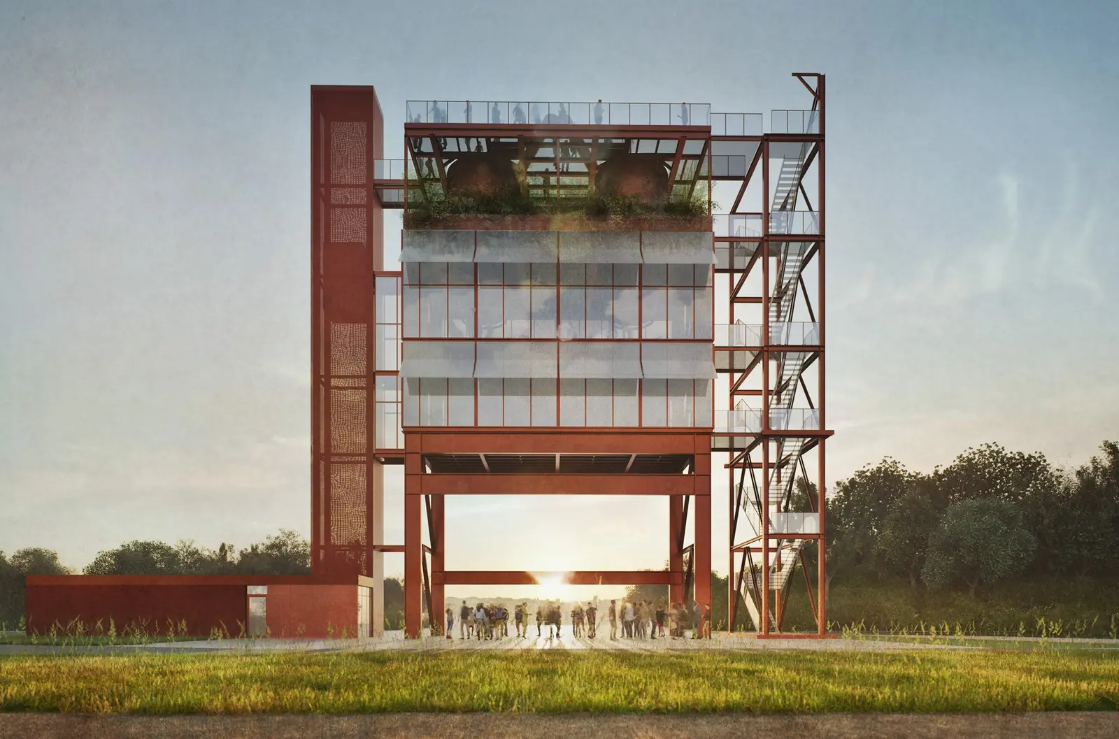 Frontal view of the red steel tower at sunset, with people gathered beneath its open ground floor and external stairs along one side.