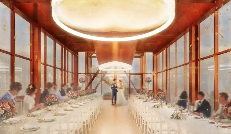 Interior render of a glazed hall with long banquet tables, guests and a couple beneath a round luminous ceiling.
