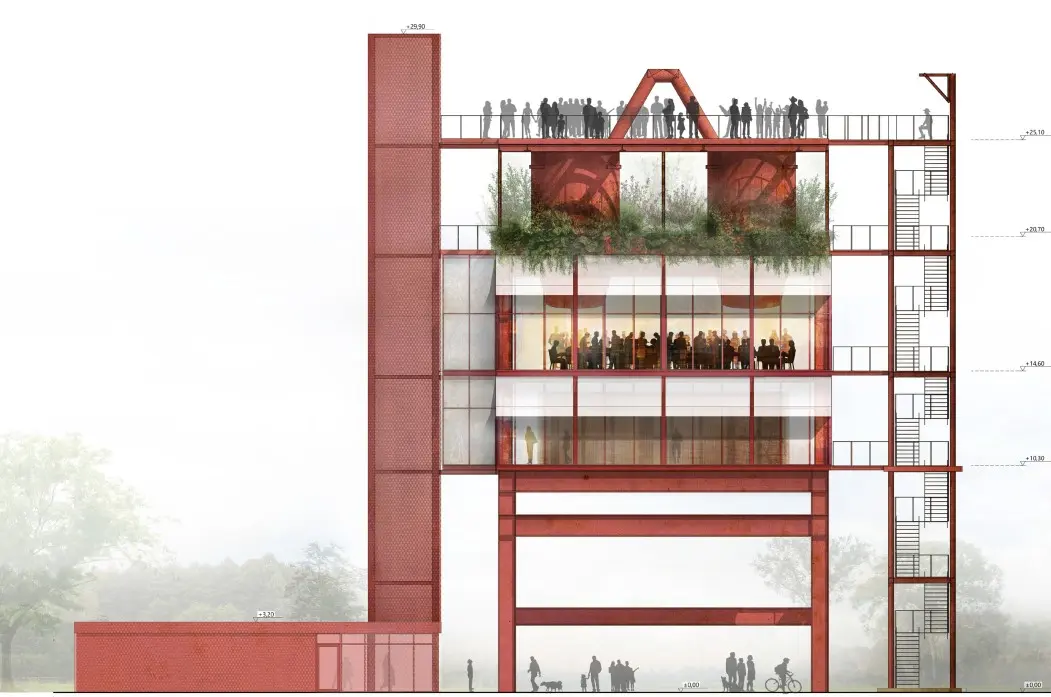 Coloured sectional elevation of the tower showing an occupied glazed hall, a planted roof terrace and external stairs.