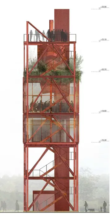 Narrow sectional elevation of the red steel tower with diagonal bracing and figures on several levels.