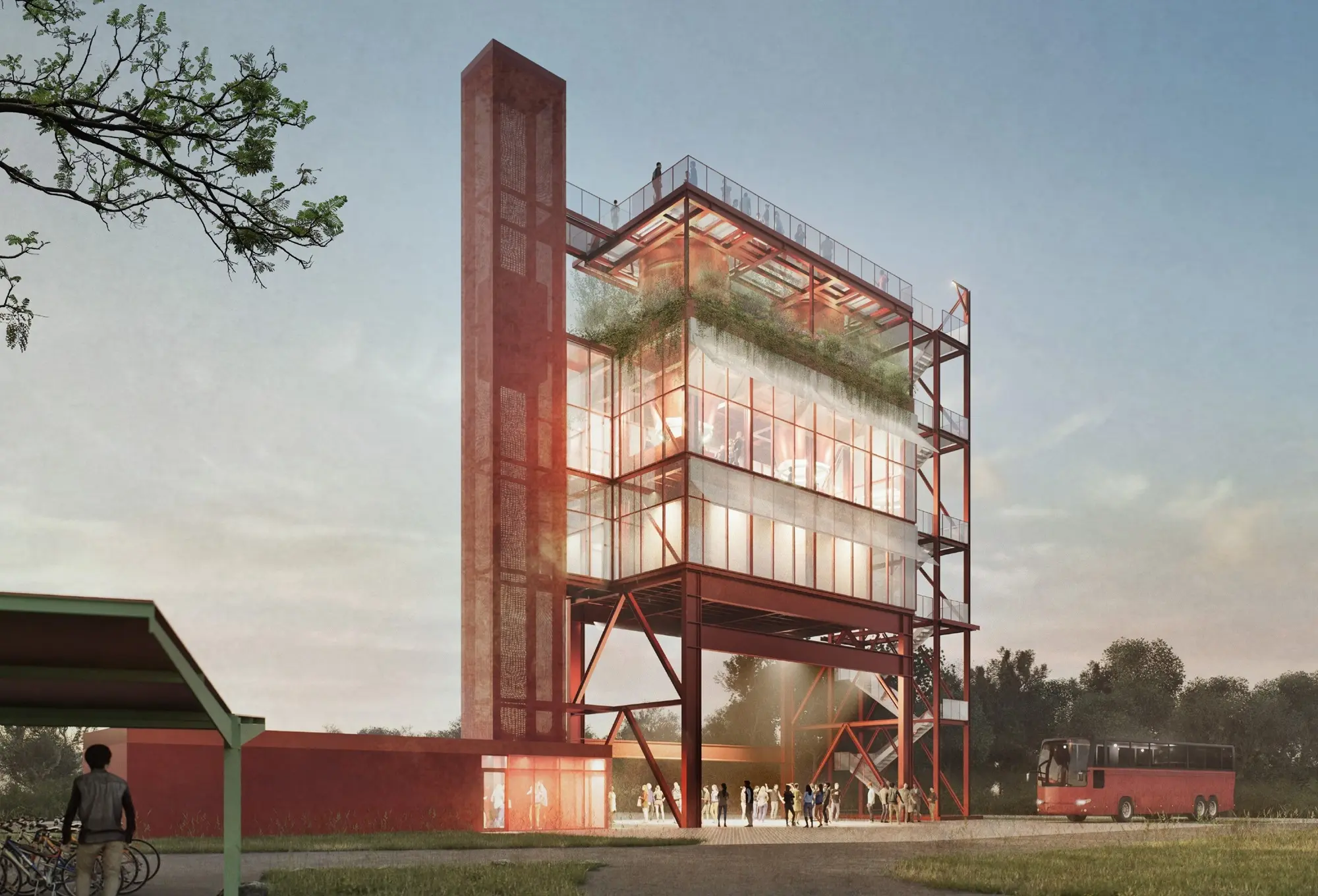 Evening render of the red steel observation tower with glazed upper floors, a planted roof terrace and visitors gathering beneath its open ground level.