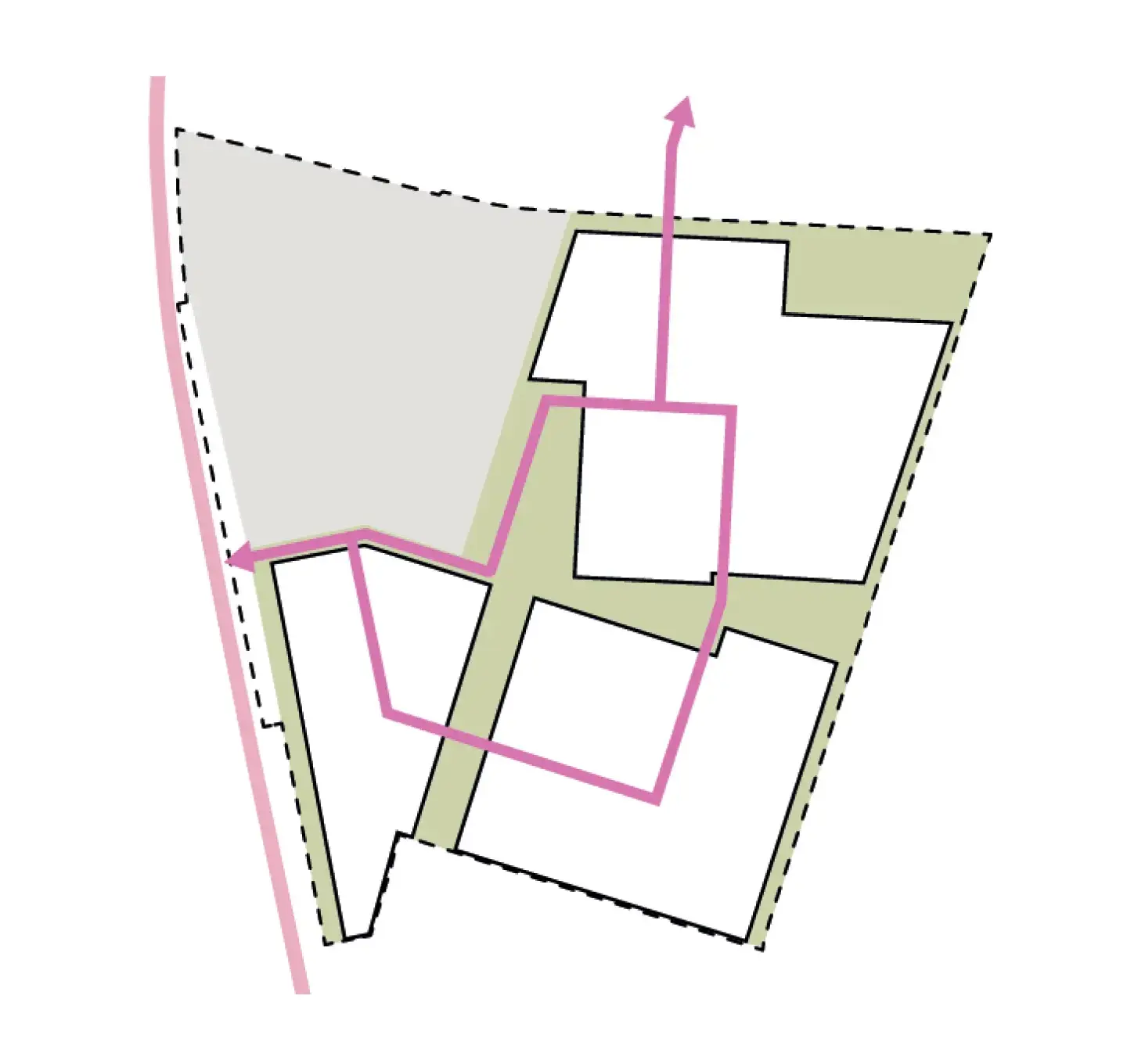 Diagram with a pink loop line running through green corridors between the building fields.