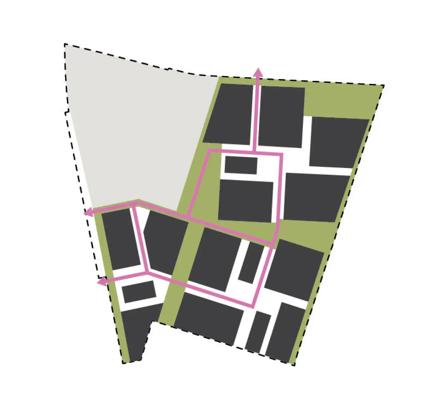 Diagram of dark building blocks with a pink loop route linking them.