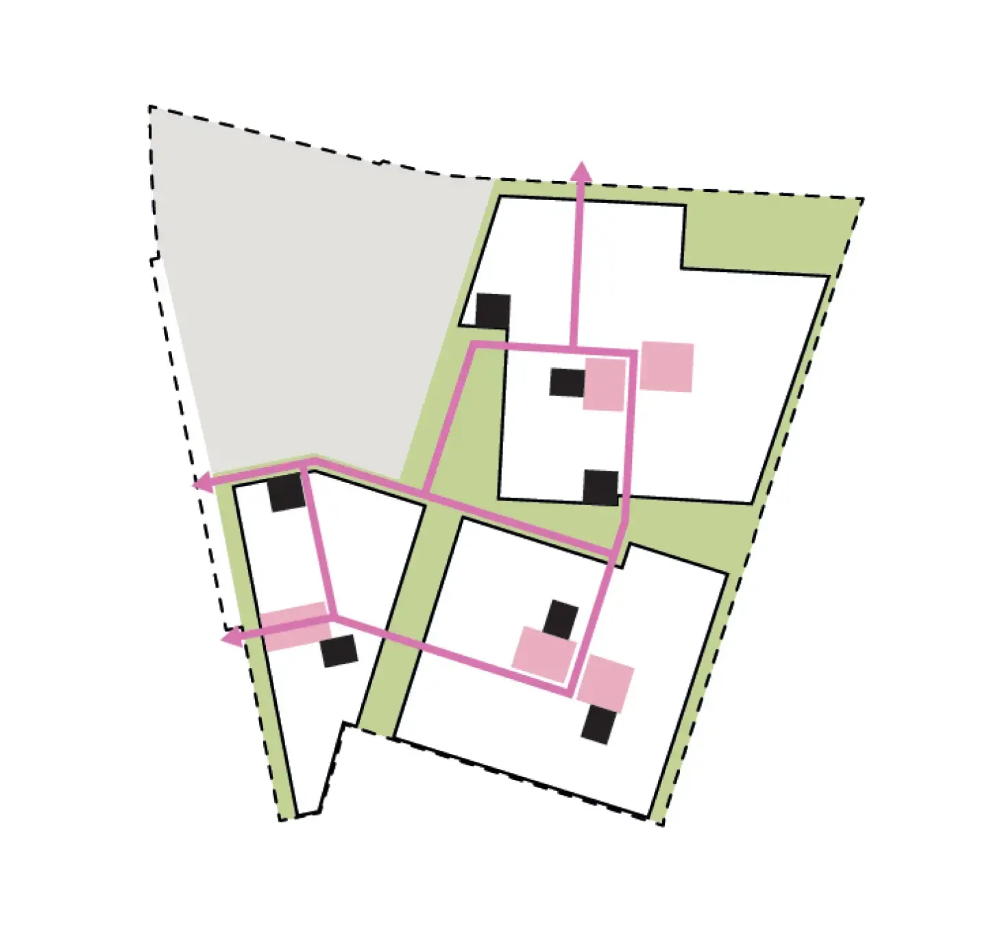 Diagram of the loop route with pink squares marking central locations within the building fields.