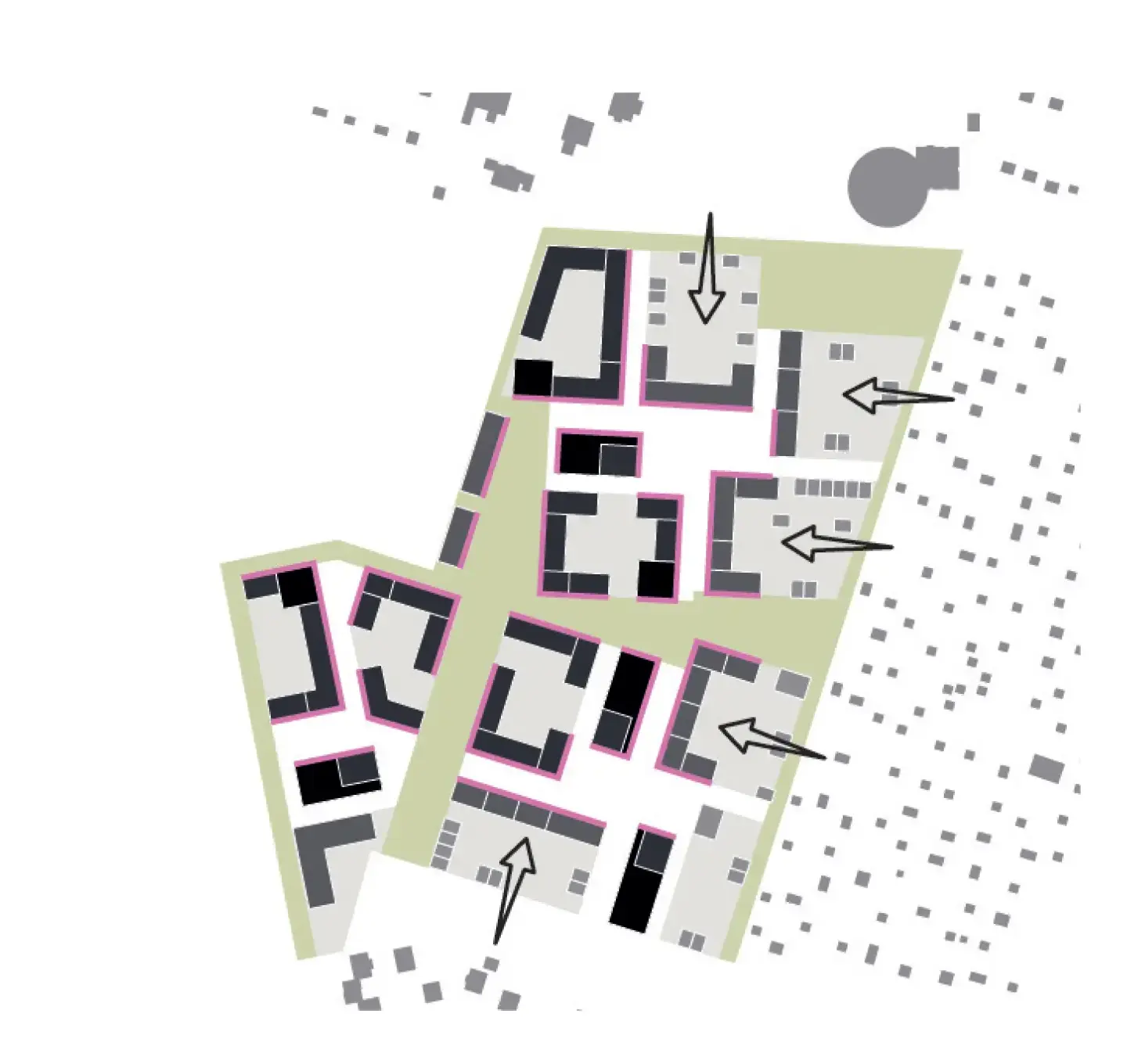 Figure-ground diagram of the building blocks with pink-outlined edges and arrows pointing to grey open spaces inside the blocks.
