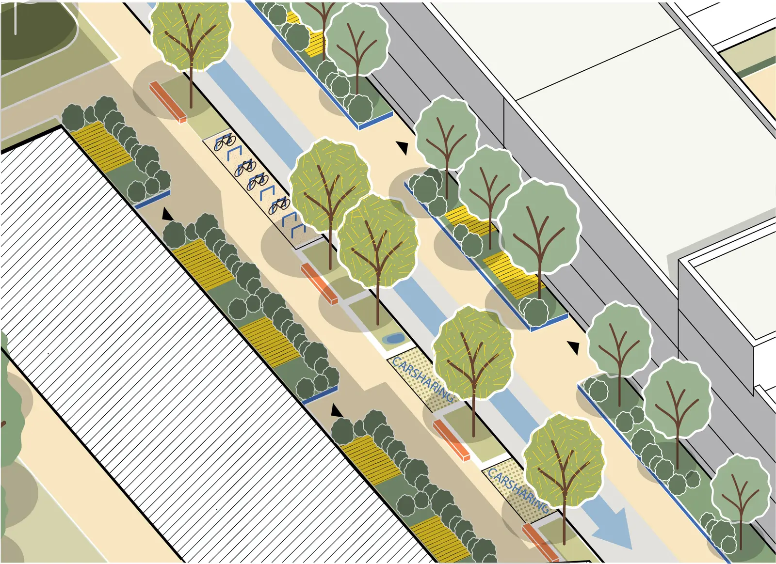 Axonometric drawing of a residential street with street trees, rain gardens, benches, bicycle stands and marked car-sharing bays.