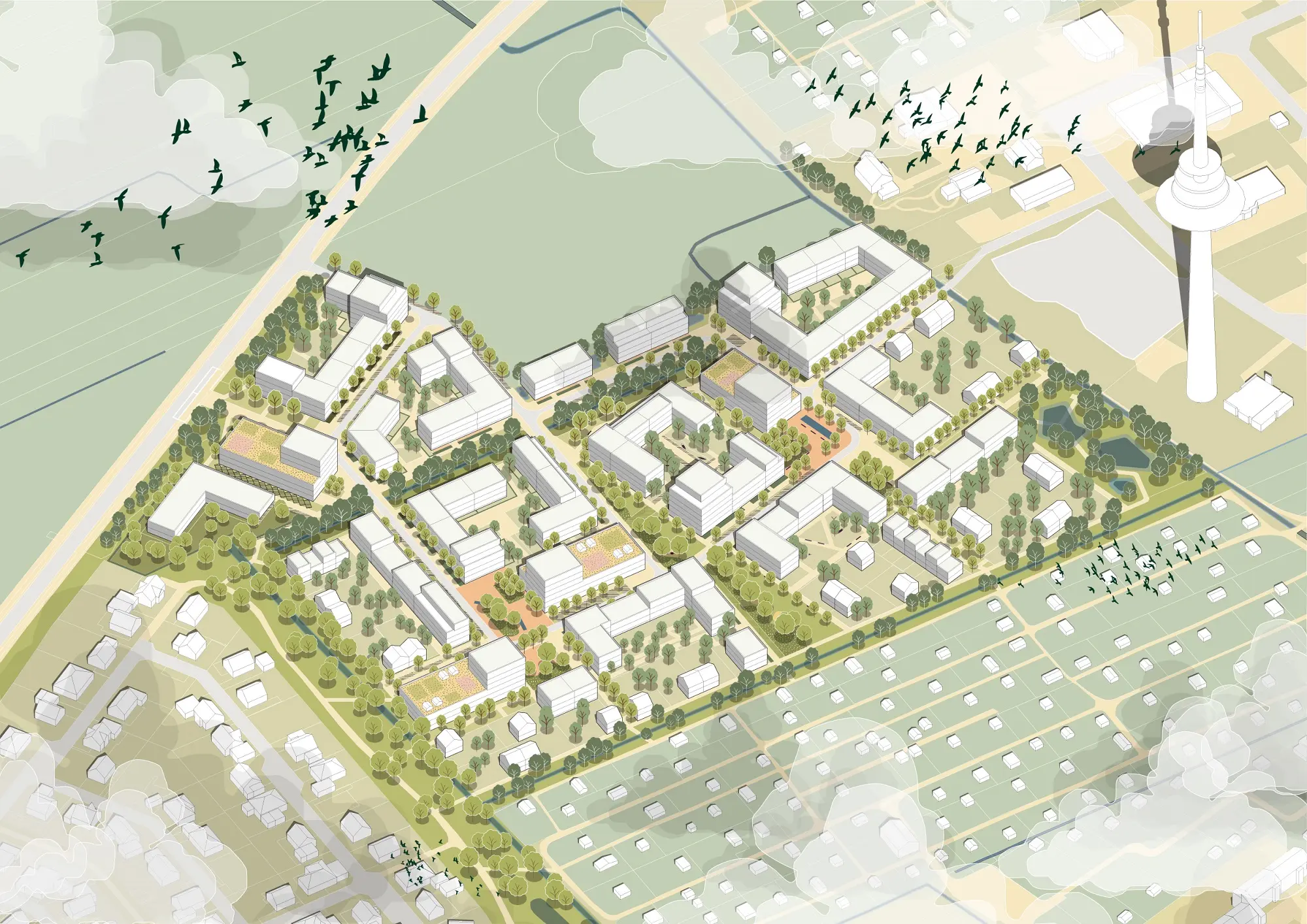 Isometric bird's-eye drawing of the new district: white residential blocks among trees, green squares, water channels, allotment gardens and the Cuxhaven radio tower in the background.