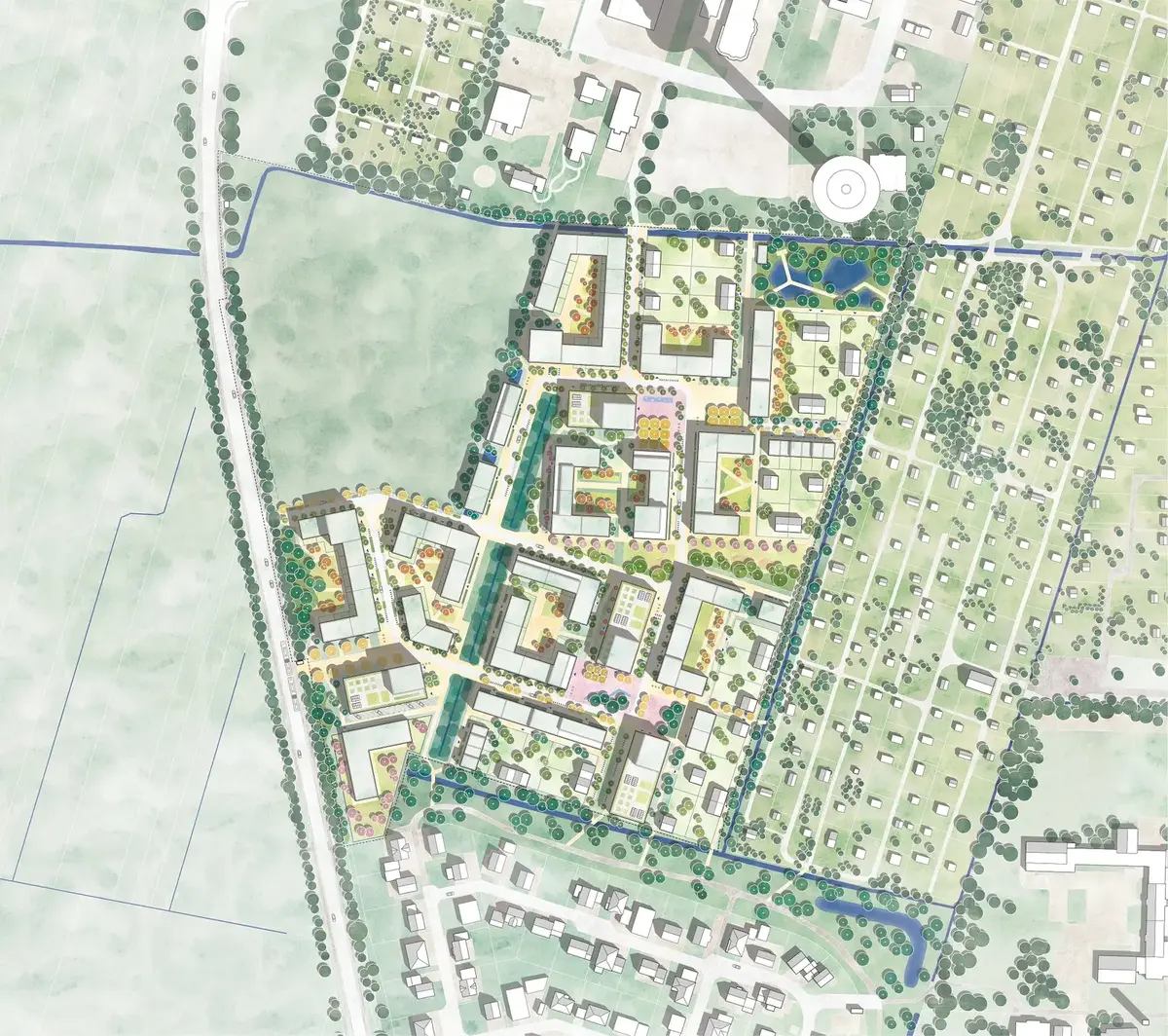 Masterplan drawing of the district with building blocks, green courtyards, tree-lined water channels and the surrounding settlement.