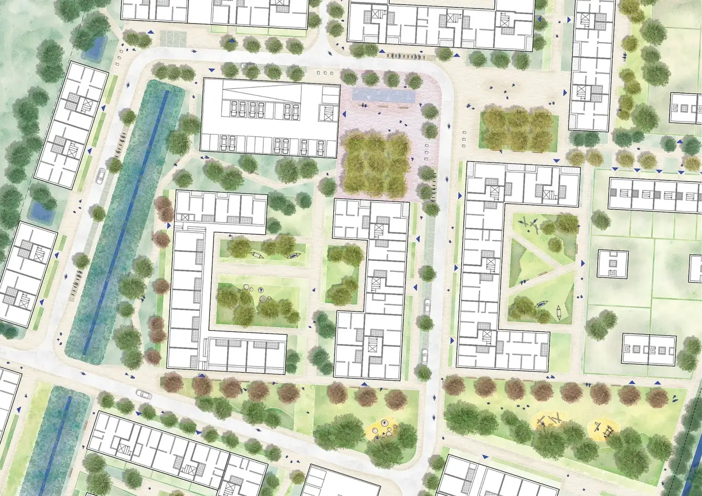 Detailed plan drawing with building floor plans, a tree-planted square, courtyards with playgrounds and a blue-green channel.