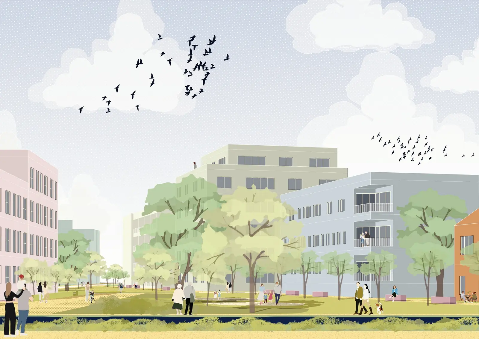 Rendering of a green open space between apartment buildings in pastel colours, with mature trees, people strolling and flocks of birds.